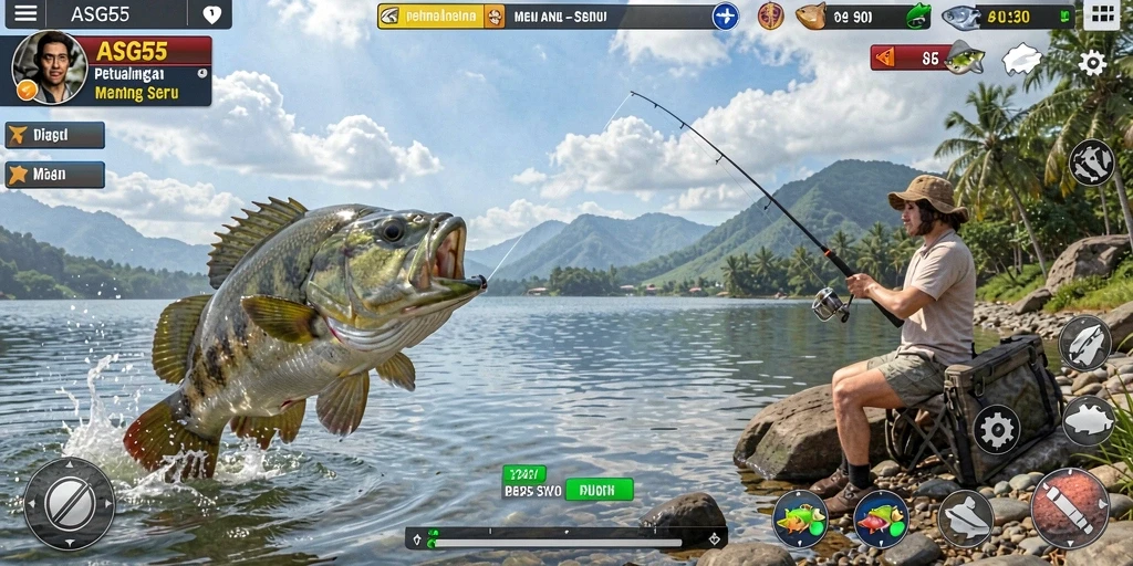 Tampilan gameplay ASG55 menampilkan aksi memancing yang seru.