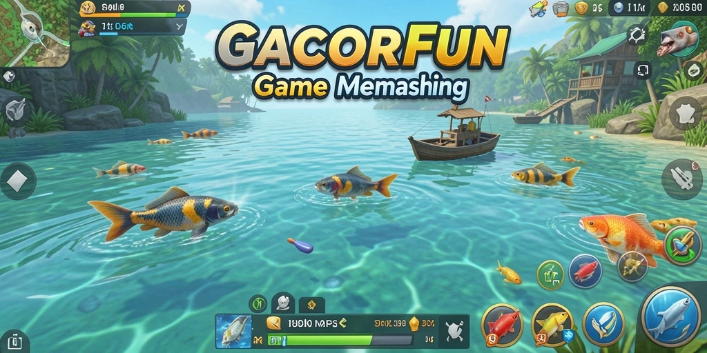 Tampilan gameplay GACORFUN saat menangkap ikan di danau.