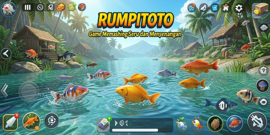 Gameplay RUMPITOTO dengan berbagai jenis ikan menunggu untuk ditangkap.