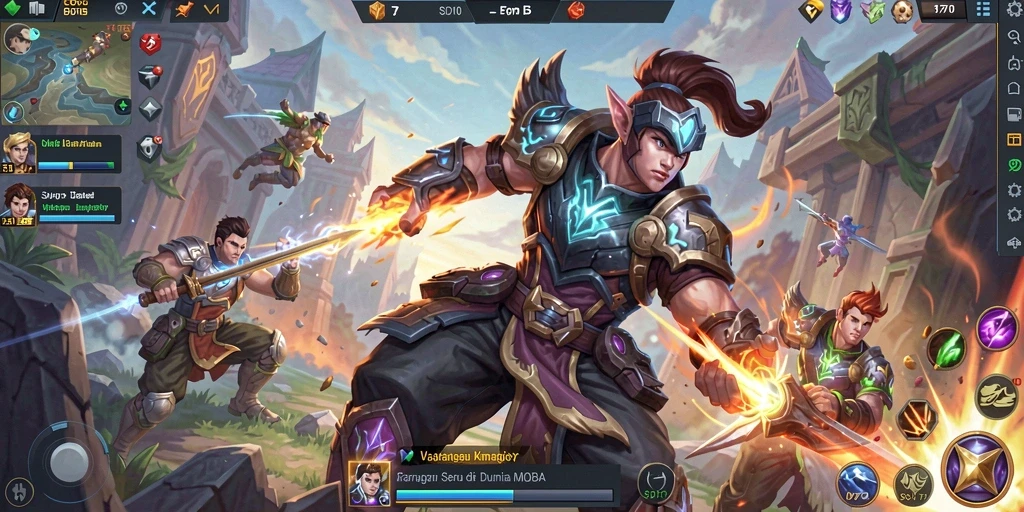 Tampilan seru dari gameplay SD107 dalam pertarungan MOBA.