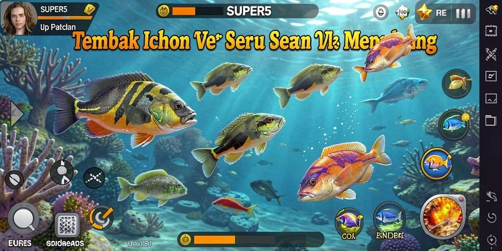 Screenshot gameplay SUPER5 menampilkan aksi menembak ikan yang seru.